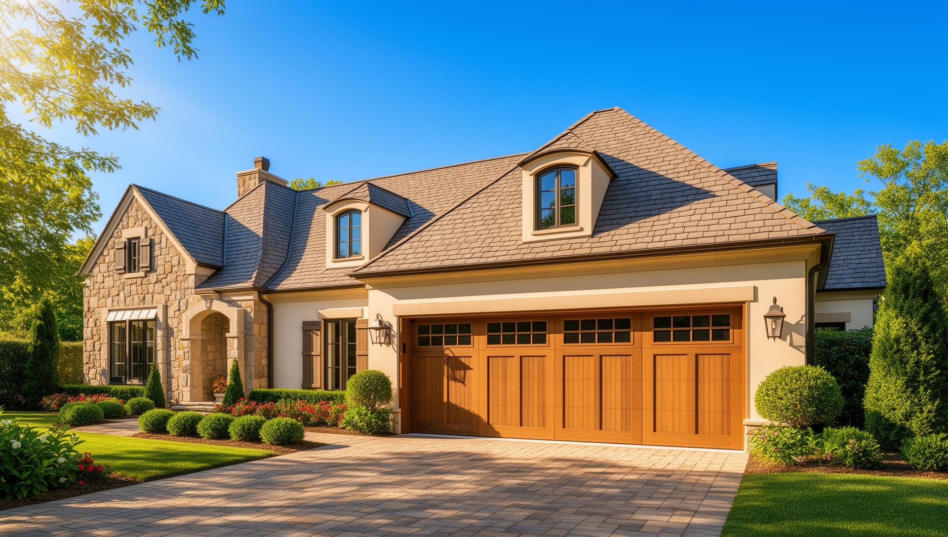 Beautiful craftsman style garage door with rectangular windows on a French country estate home